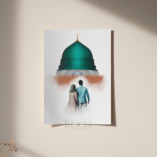 Muslim Couple & The Green Dome Illustration