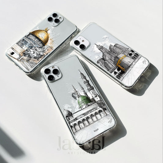 Unique iPhone Clear Case 3 Islamic Landmarks Sketch Painting Kaaba Masjid Nabawi Dome of the rock Muslim Special gifts Apple 14 13 12 11